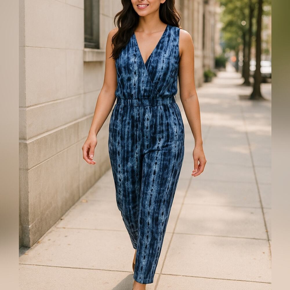 Old Navy Breathe On Sleeveless Navy Blue Jumpsuit with Tie-Dye Print Large